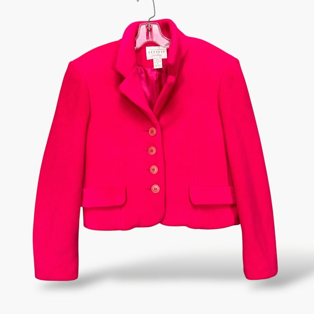 VINTAGE 90s Express Womens M Tailleur Blazer Fleece Hot Pink Barbie Cropped